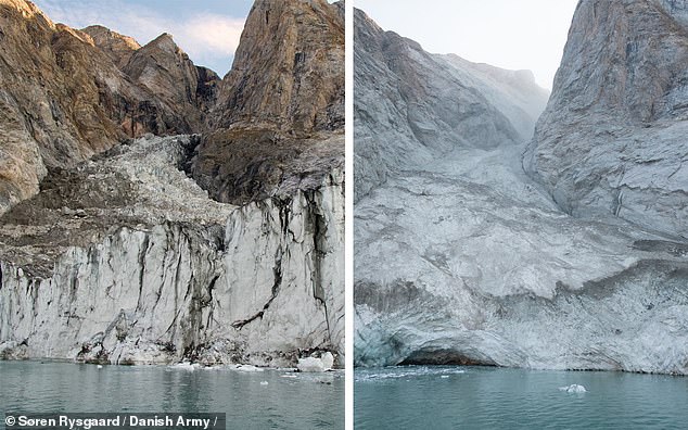 Before and after the massive landslide that dumped 33 million cubic meters of ice and rock into a Greenland fjord, triggering a 200-meter-high 