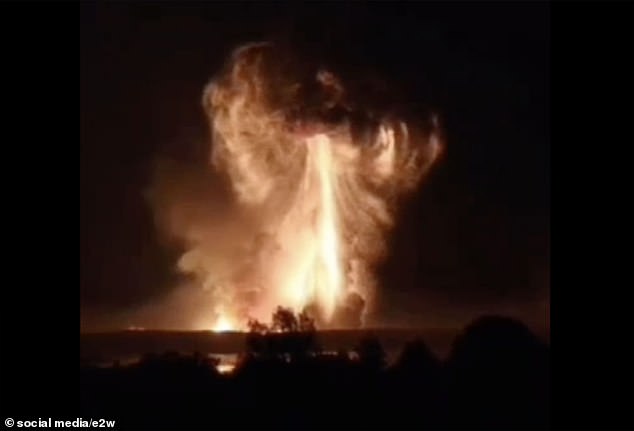 Flames shot into the sky on Wednesday morning as Ukrainian drones struck the site in Toropets