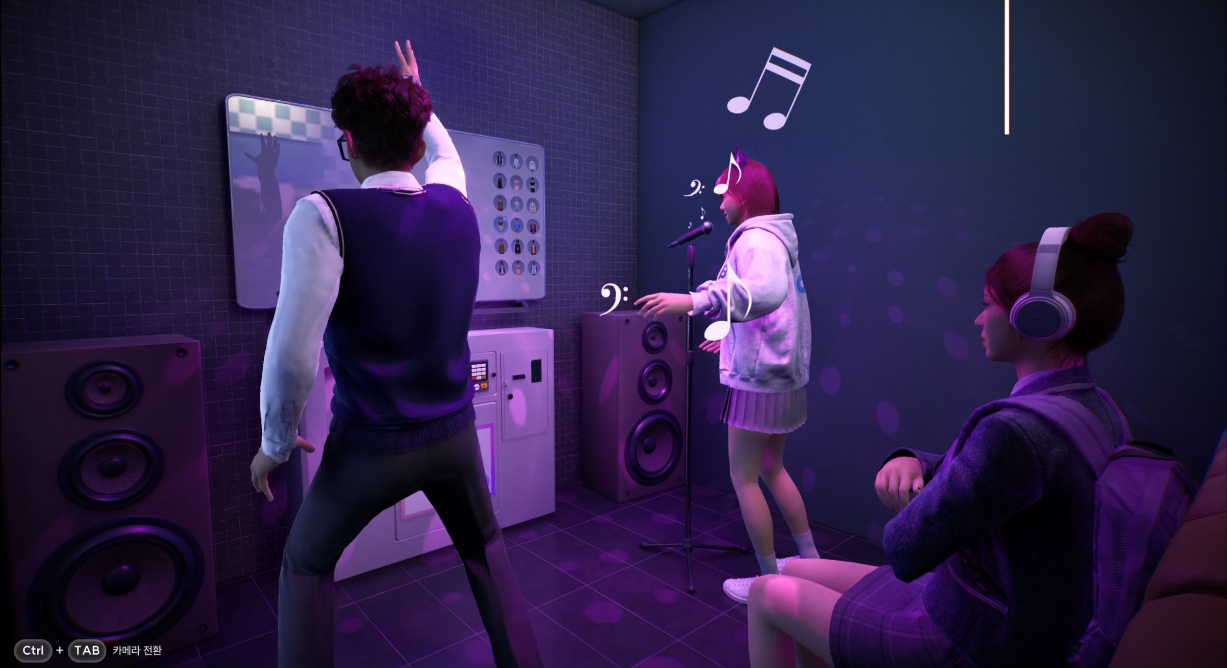 A screenshot from Inzoi shows two characters dancing while one of them sings karaoke