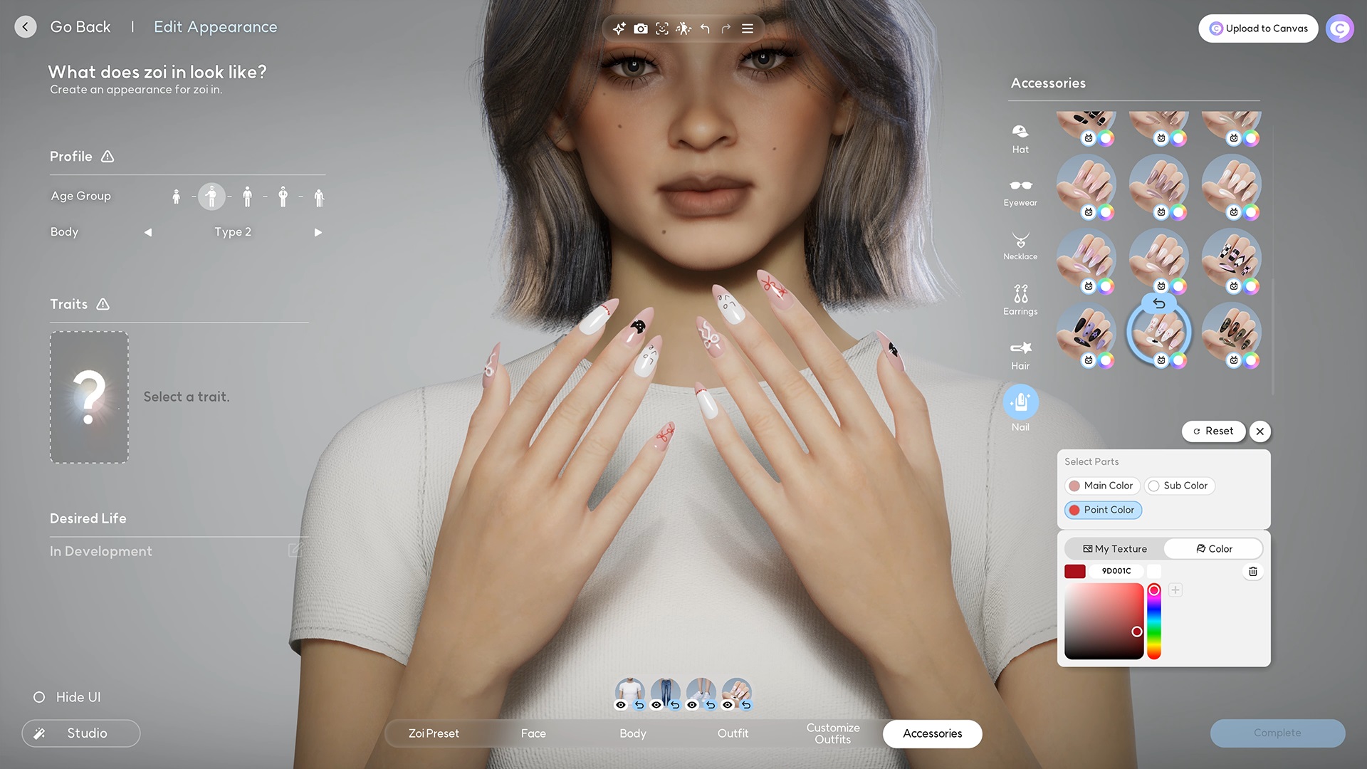 A screenshot from Inzoi shows a realistic character creator mode featuring a woman with long, decorated fingernails