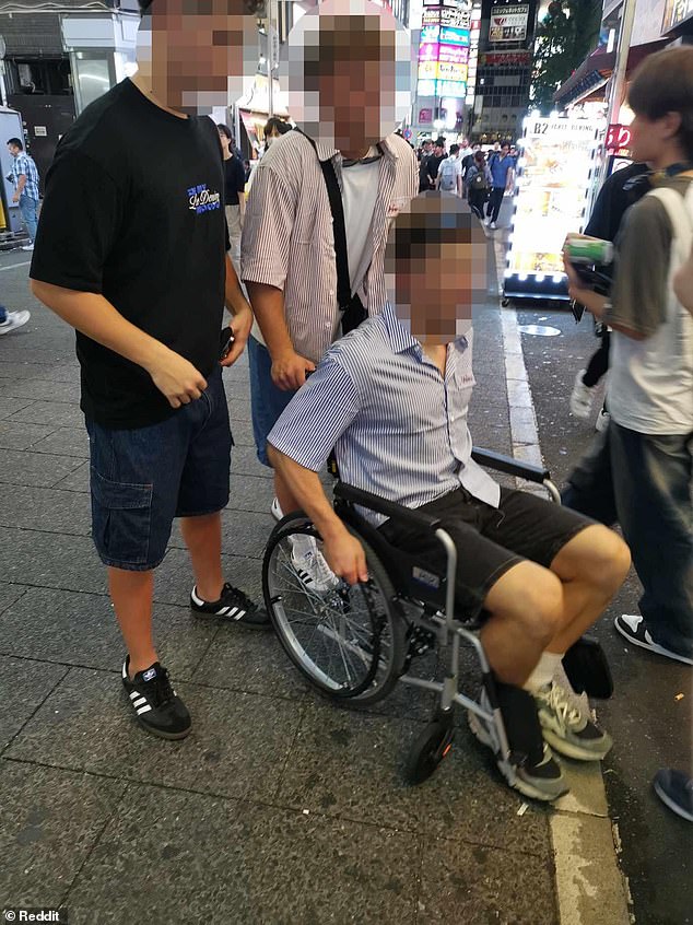 A Reddit user posted a photo of three Australian boys from a private school holding the wheelchair they allegedly stole from the user while they were in Japan