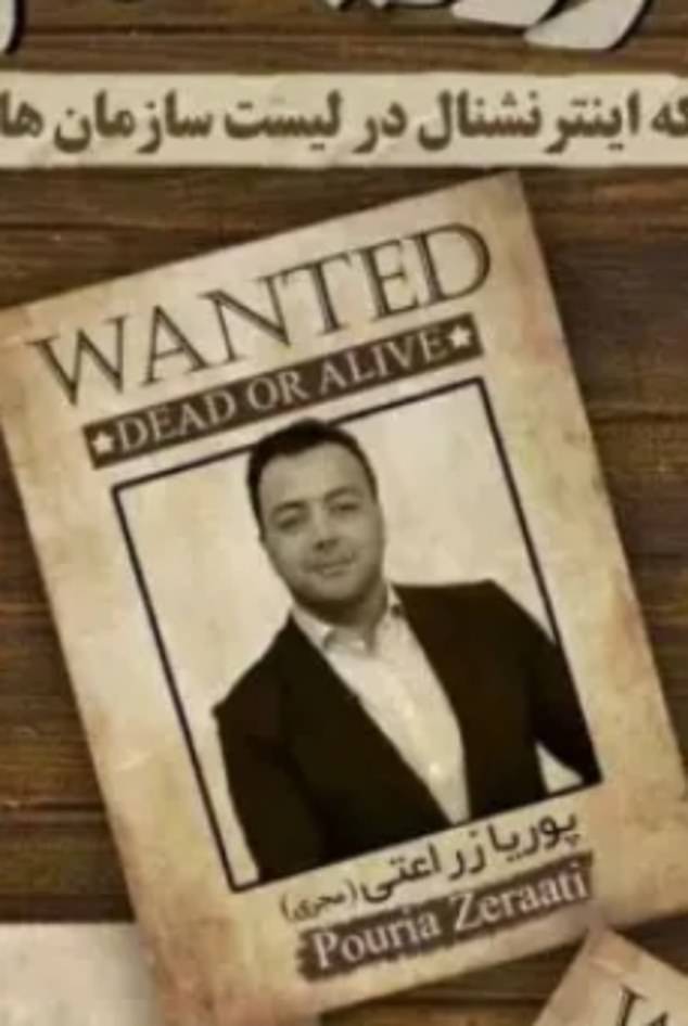 Iranian journalist Pouria Zeraati, a British citizen, was stabbed four times on the pavement outside his home in Wimbledon, a suburb of London, on 29 March. He is pictured on a 'WANTED' poster issued by the Republic of Iran