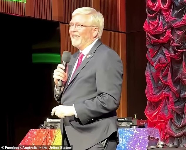 Australian Ambassador to the United States Kevin Rudd is seen at the Australian Embassy 'party house' during his Pride celebration in June this year