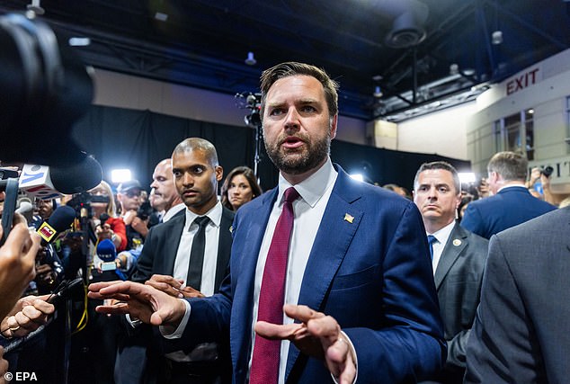 Republican vice presidential candidate JD Vance speaks to members of the media after the presidential debate between former U.S. President Donald Trump and Vice President Kamala Harris at the debate press junket in Philadelphia, Pennsylvania