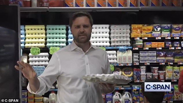 A new clip of JD Vance complaining about egg prices at a supermarket campaign rally has some claiming he has his facts mixed up