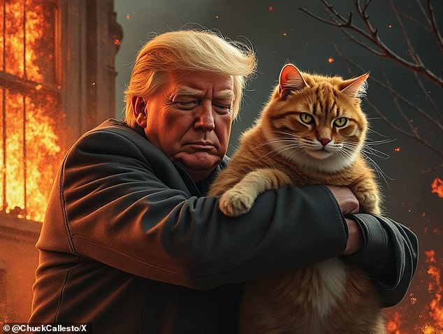 Another photo shows Trump rescuing a fat cat from a fire