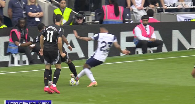 Jamie Redknapp and Paul Merson claim Jurrien Timber is 'incredibly lucky' to avoid a red card after Arsenal star's challenge on Tottenham defender Pedro Porro