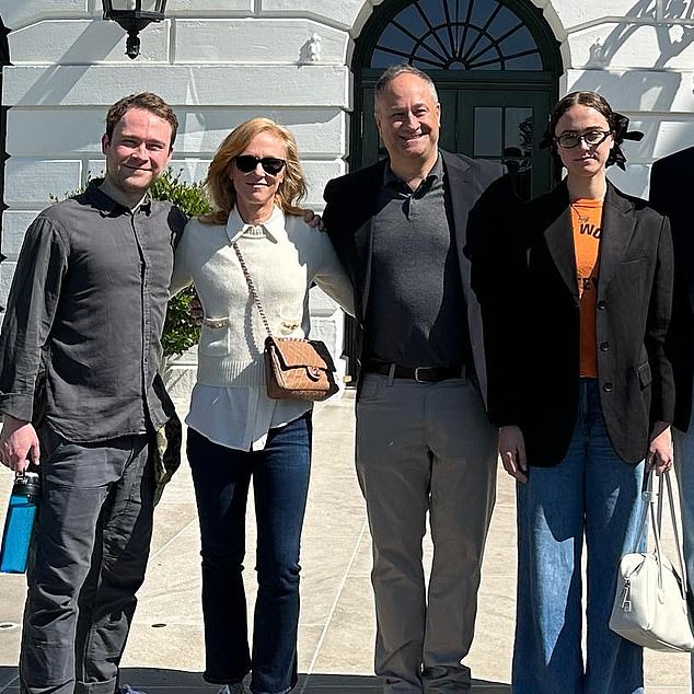 Emhoff, 59, (center-right) and film producer ex-wife Kerstin, 57, (center-left) ended their 16-year marriage in 2009 when she discovered the affair, the sources said. Their daughter Ella (right) was 10 at the time and son Cole (left) was 15