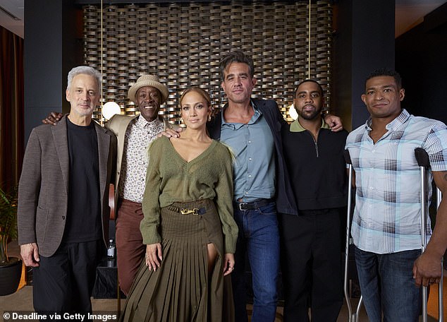 Sporting the same stunning look, she was spotted at the Deadline Studio with her cast mates to talk about Unstoppable; from left: William Goldenberg, Don Cheadle, Jennifer Lopez, Bobby Cannavale, Jharrel Jerome and Anthony Robles pictured at the Bisha Hotel