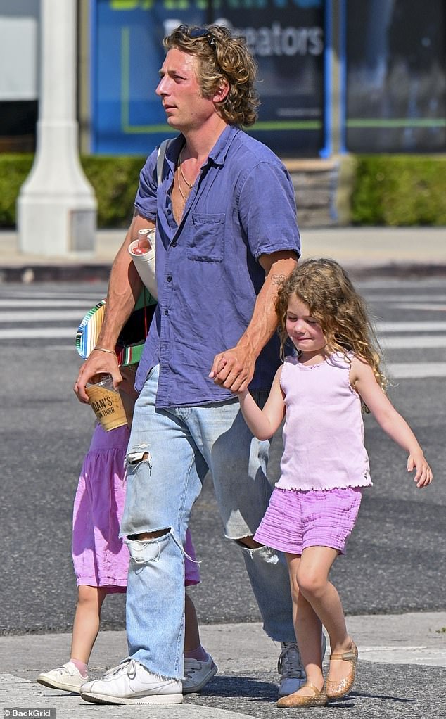 Jeremy Allen White headed out for coffee in Los Angeles with his daughters Ezer, five, and Dolores, three, last weekend