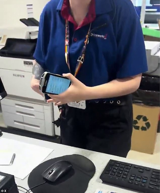 A pro-Palestine Officeworks worker (pictured) in Elsternwick in Melbourne's east was filmed refusing to laminate an article from the Australian Jewish News on March 4