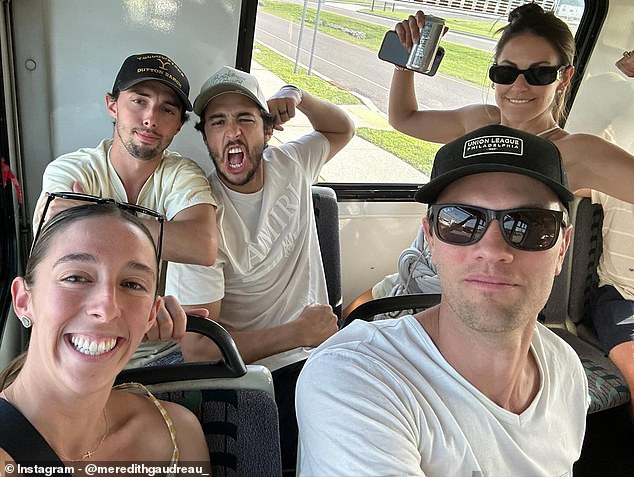 The wife of late NHL star Johnny Gaudreau (second from left) honored her brother-in-law Matthew (back left)