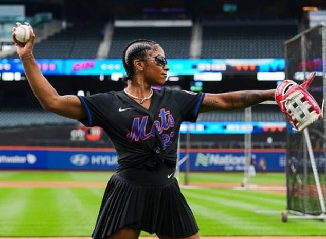 Jordan Chiles threw out the first pitch before the New York Mets hosted the Cincinnati Reds