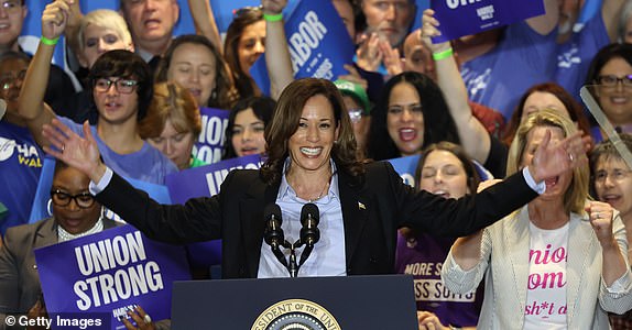 PITTSBURGH, PENNSYLVANIA - SEPTEMBER 02: Democratic presidential candidate, U.S. Vice President Kamala Harris speaks during a campaign event at IBEW Local Union #5 on September 2, 2024 in Pittsburgh, Pennsylvania. President Joe Biden joined Vice President Harris for her second Labor Day event, her first on the campaign trail since he left the Democratic ticket and Harris was confirmed as the Democratic Party's nominee for the 2024 presidential election against Republican presidential nominee, former U.S. President Donald Trump. The event was attended by members of the IBEW, United Steelworkers, AFSCME and other labor unions. (Photo by Michael M. Santiago/Getty Images) ***BESTPIX***