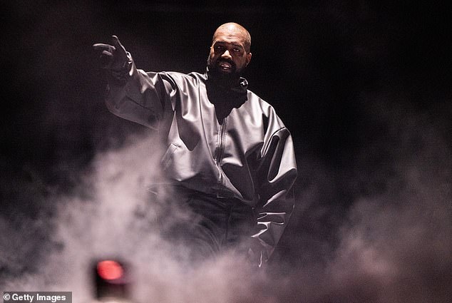 Kanye West officially turned his latest performance into a family affair by bringing all four of his children to a packed show in China (pictured in Inglewood in March)