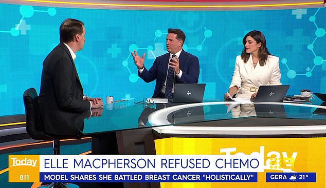 Today's show host Karl Stefanovic (pictured centre) has defended Elle Macpherson's decision to refuse chemotherapy for cancer