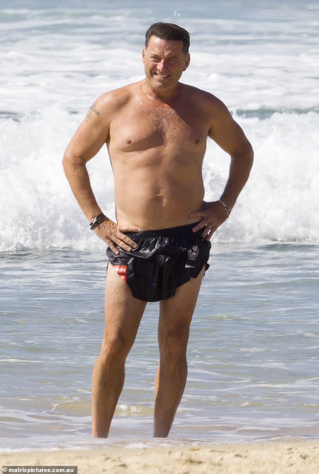 Karl Stefanovic, 50, (pictured) had a big smile on his face on Sunday as he showed off his form on a beach in Noosa following his European outing after the Paris Olympics.