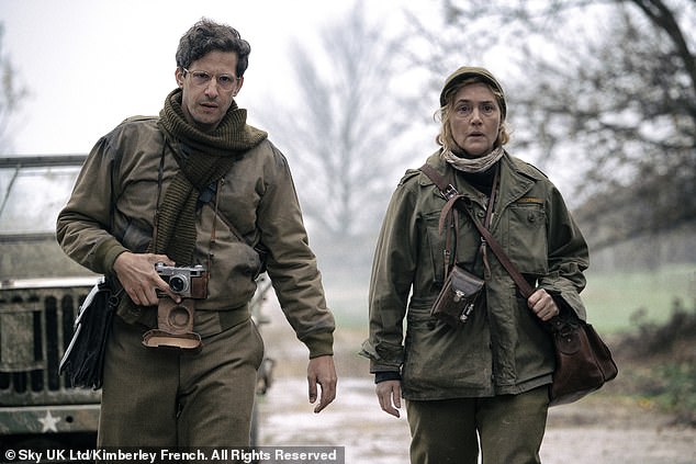 Kate recently claimed she was told to hide her 'belly rolls' while starring as photojournalist Lee Miller in a new war biopic (she is pictured with Andy Samberg as Davie Scherman)