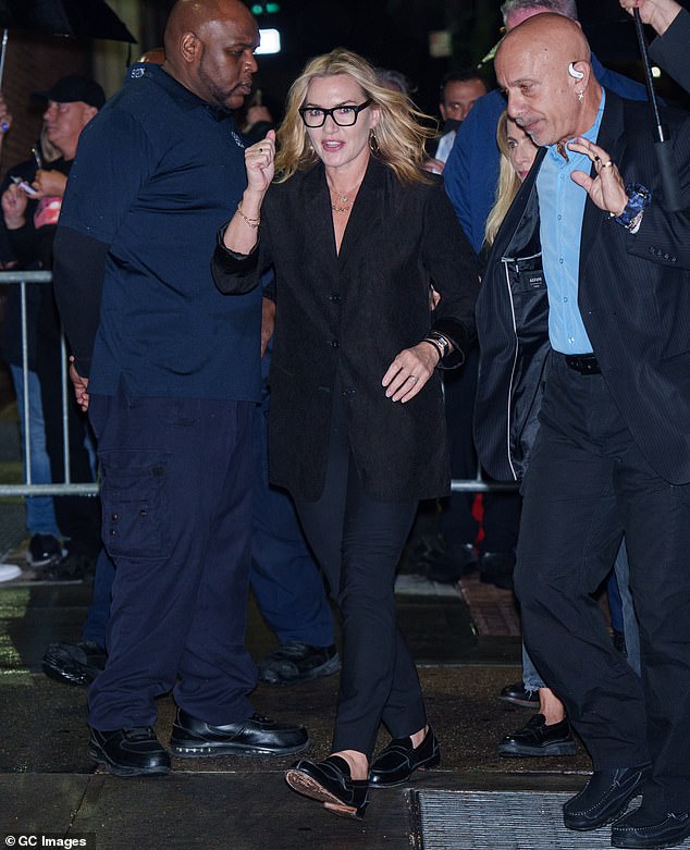 Kate Winslet looked effortlessly stylish in a black jacket as she continued to promote her new film Lee on Monday