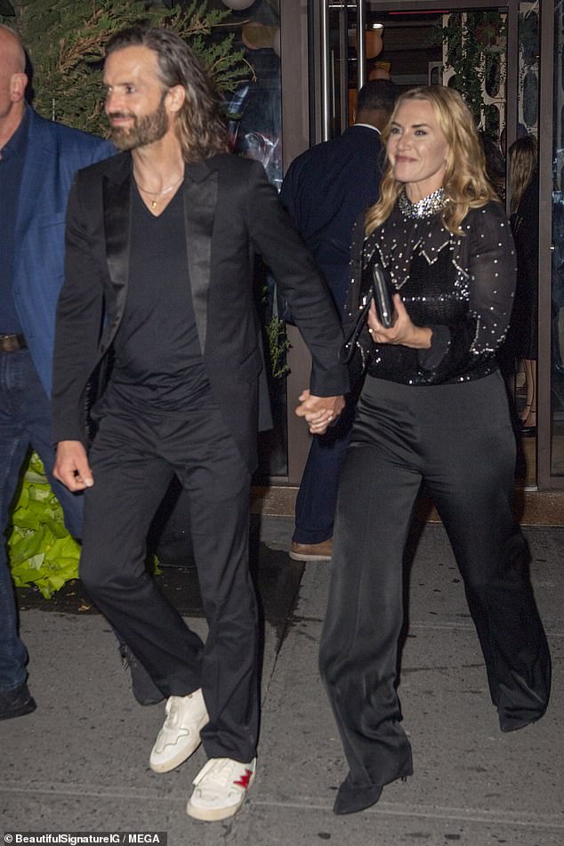 Kate Winslet turned heads in a beaded black top as she and husband Edward Abel Smith left the afterparty for her upcoming film Lee in New York on Wednesday