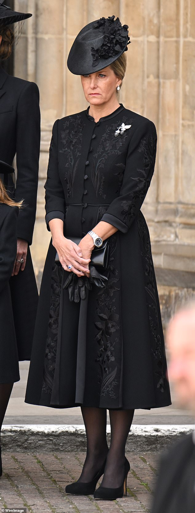 Sophie, Duchess of Edinburgh, wore a dress by Suzannah London embroidered with lily of the valley, the late monarch's favourite flower, and flowers she carried in her 1947 bridal bouquet.