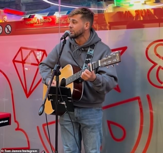 A source shared: 'Kelsey has made no secret of their romance and the pair looked very much in love at a gala last week' (James pictured busking)