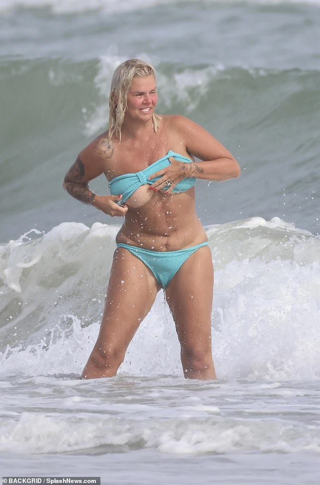 Kerry Katona nearly lost her bikini bottoms when she was hit by a wave as she showed off her incredible 4th weight loss in Marbella last week