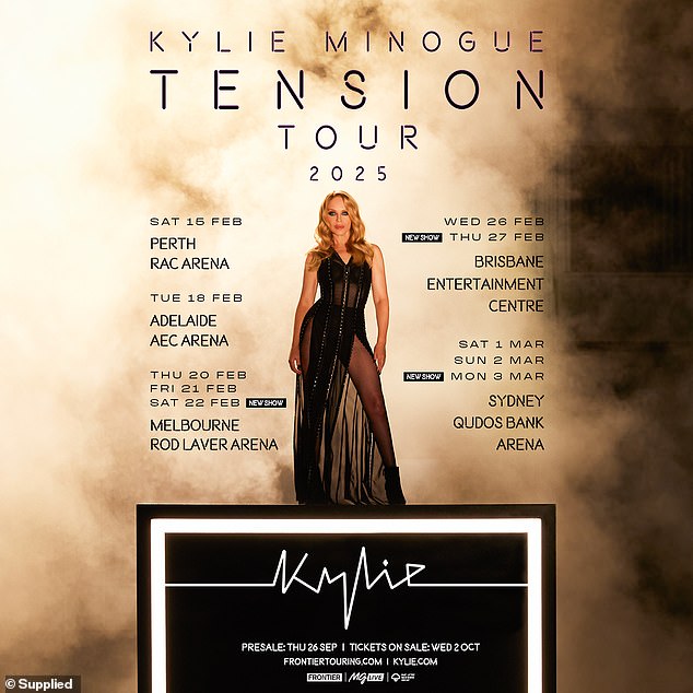 Kylie has added three more Australian dates (pictured) to her highly-anticipated tour ahead of Frontier Touring and Kylie.com pre-sales kicking off on Thursday.