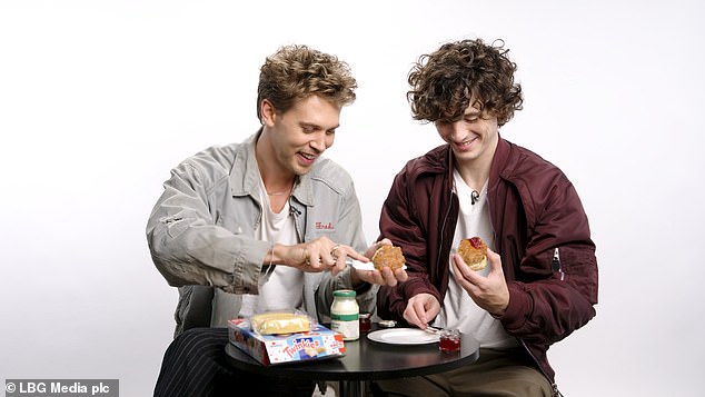 Taste test: Actors Austin Butler and Timothée Chalamet (pictured) compare British and American food as part of LadBible's 'Snack Wars' series