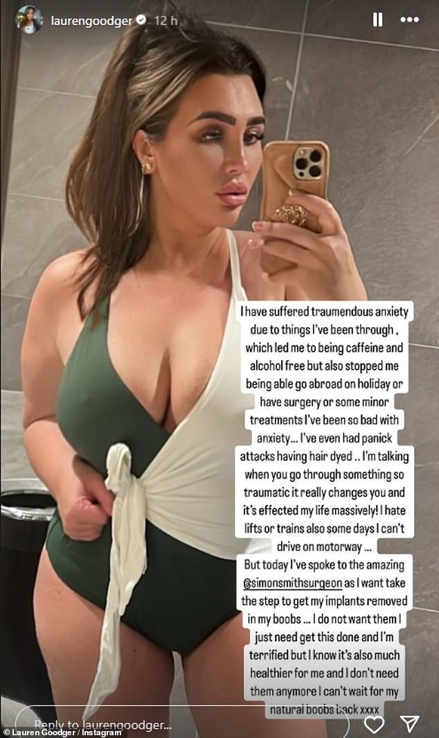 Lauren Goodger stunned in a VERY plunging swimsuit as she revealed her plans to get a breast reduction as she struggles with severe anxiety on her Instagram Story on Tuesday