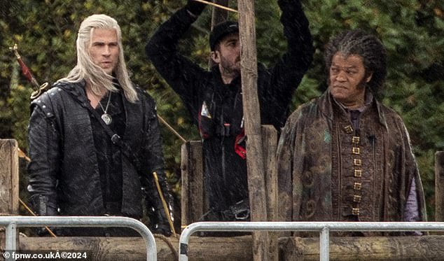 Laurence Fishburne, 63, (R) was on the set of The Witcher for the first time as he filmed scenes with co-star Liam Hemsworth, 34 (L) in North Wales