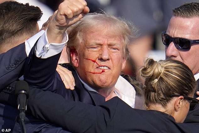 A bloodied Donald Trump gets back up after being shot and pumps his fist on July 13