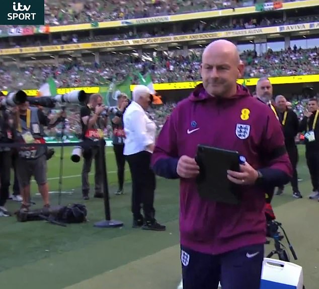 Lee Carsley awkwardly takes a seat in the wrong dugout