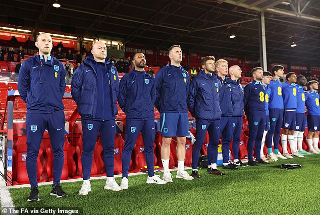 Carsley (second from left) admitted he struggles with singing national anthems before matches