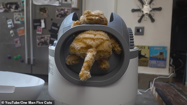 Cat product reviewer Philip Bloom showed how a model of automatic litter boxes can be deadly with a stuffed animal (pictured)