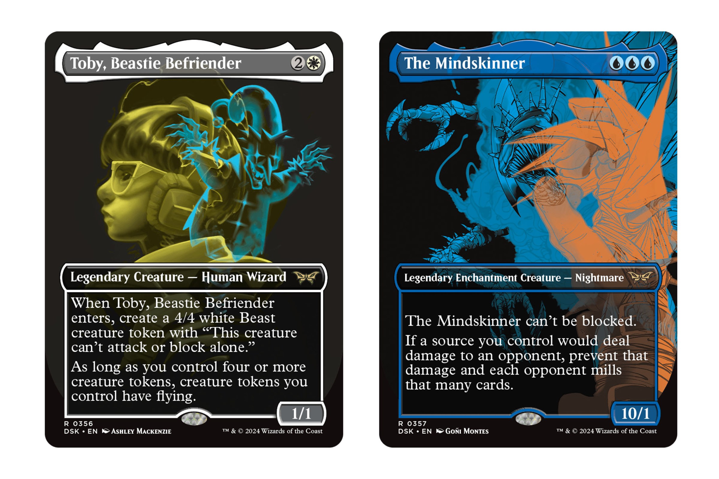 Toby, Beastie Befriender and The Mindskinner in their Double Exposure Booster Fun treatments from Magic: The Gathering.