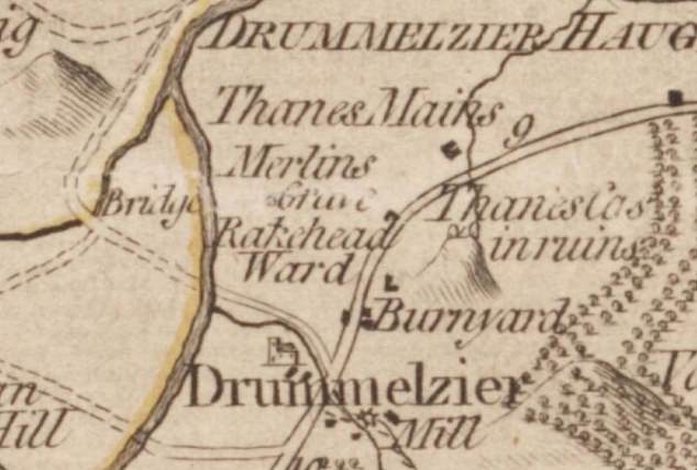 Merlin's grave is marked on an old map of Peebles County from 1775