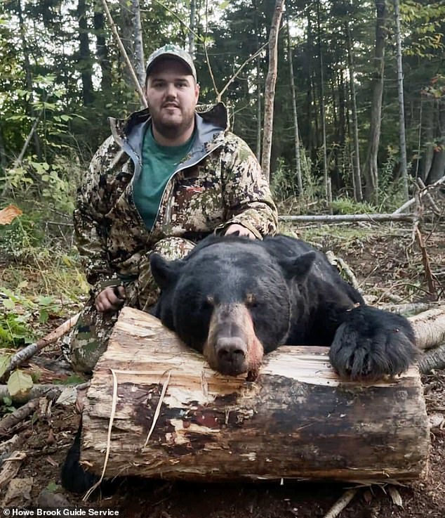 Nate Mooers, 24, smiled proudly next to a 550-pound bear he shot after falling into a trap he and his father had left at a bait site