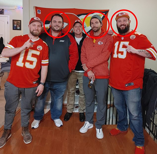 The bodies of David Harrington, 36 (second from left), Ricky Johnson, 38 (far right), and Clayton McGeeney, 37 (second from right), were found in the backyard of their friend Jordan Willis' Kansas City home on January 9.