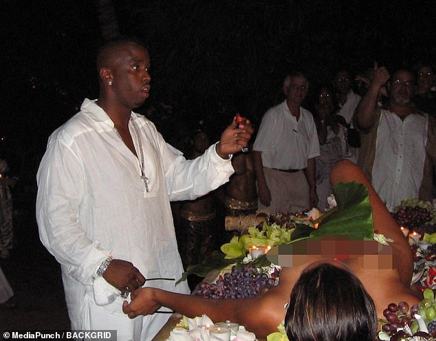 Sean “Diddy” Combs, 54, was pictured eating food from a naked woman in resurfaced photos from a star-studded Miami party in 2004, following his arrest for sex trafficking