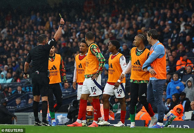 Lewis-Skelly bizarrely received his first Premier League yellow card before coming on to the pitch