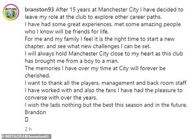 Manchester City player Brandon Ashton has announced he will leave the club after 15 years