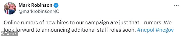 Most of Robinson's office has dropped the candidate after the latest report, and Robinson says new staff positions will be announced soon