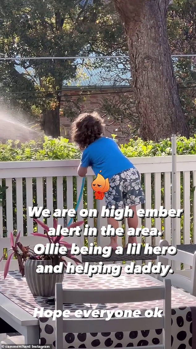 In an Instagram Story, Jules showed her son hosing down the front of their Cromer home with a hose. 'We are on high alert for sparks in the area. Ollie is being a little hero and helping daddy. Hope everyone is ok,' she captioned the image.