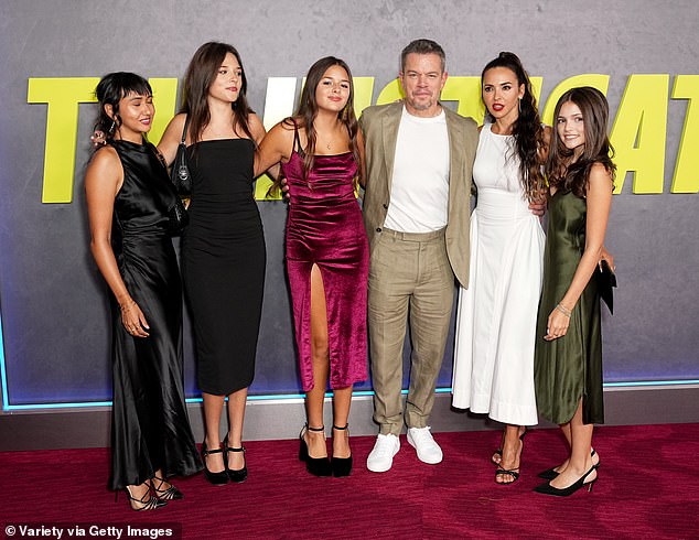 Matt pictured with his daughters and wife Luciana on Wednesday at the premiere of The Instigators in New York City