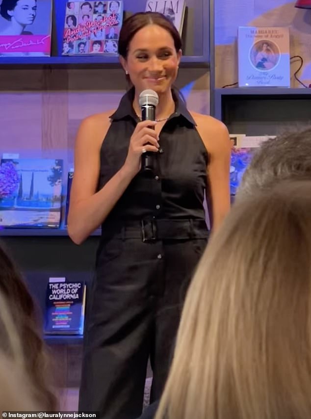 Pictured: Meghan Markle wore a £315 Club Monaco jumpsuit as she attended a book event at Summland over the weekend