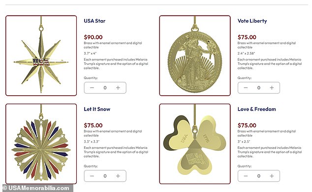 The ornaments, named “USA Star,” “Vote Liberty,” “Let It Snow” and “Love & Freedom,” cost between $75 and $90.