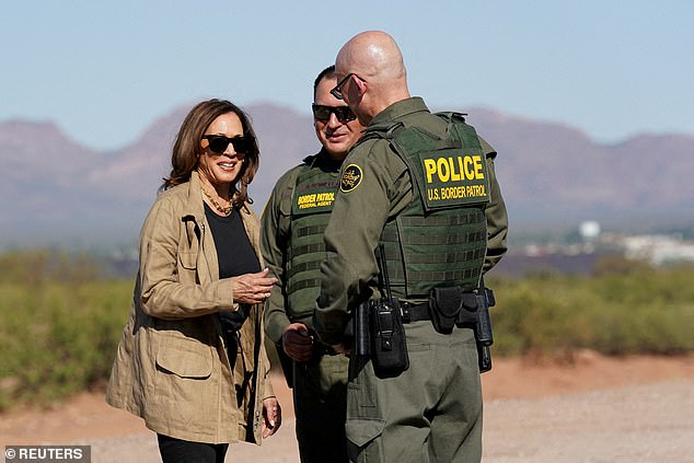 Democratic presidential candidate and U.S. Vice President Kamala Harris tours with Border Patrol agents and other personnel (not pictured) along the border wall, near Tucson, in Douglas, Arizona, U.S., September 27, 2024. It was her second visit as vice president