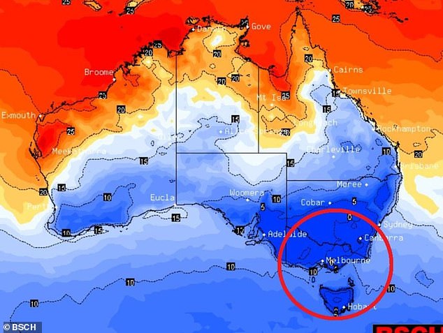 Australia is set to be hit by a cold snap over the coming days, with the southeast (circled) being hit hardest.