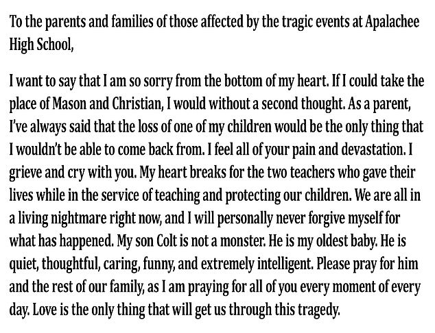 Mom of Georgia school shooter Colt Gray pens groveling letter